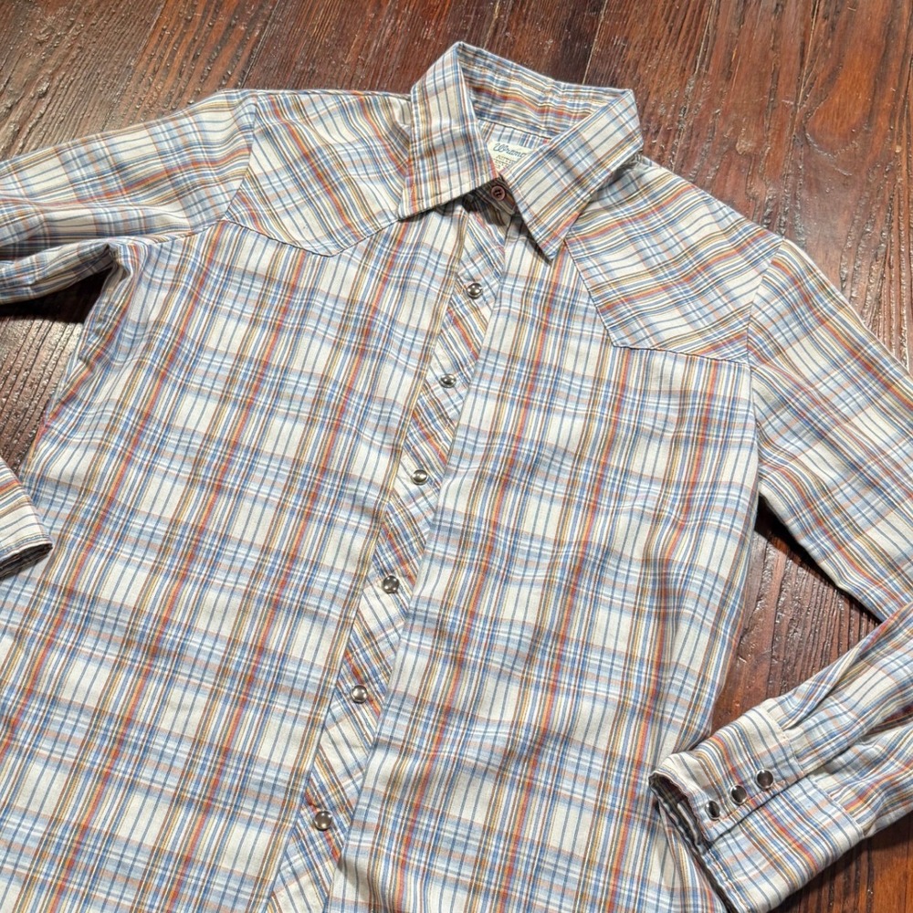 Vintage 80s Wrangler Shirt Womens M Blue Plaid Gold Strips Pearl Snap USA Made